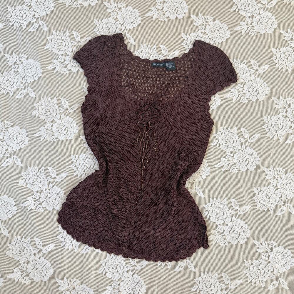 Y2K Cool Attitudes Brown Crochet Knit Top Size M